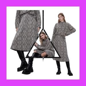 🙌 Zara Snakeskin Fall Winter Elastic Beige Midi Skirt Black Size Medium NWT